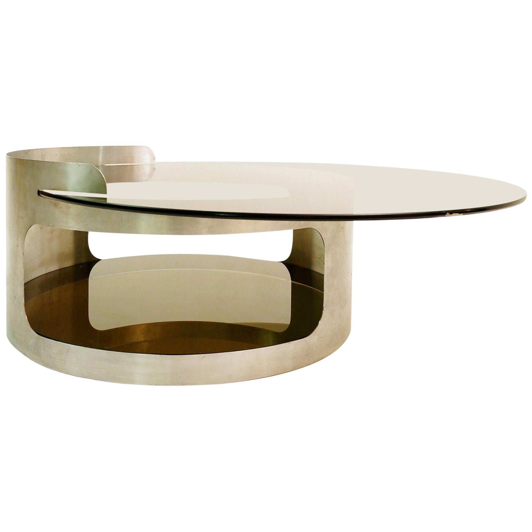 Round Coffee Table with Two Trays in Smoked Glass by Francois Monnet for Kappa