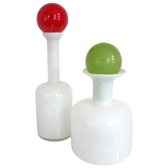 Pair of Modernist White Empoli Decanters with Red and Green Stoppers