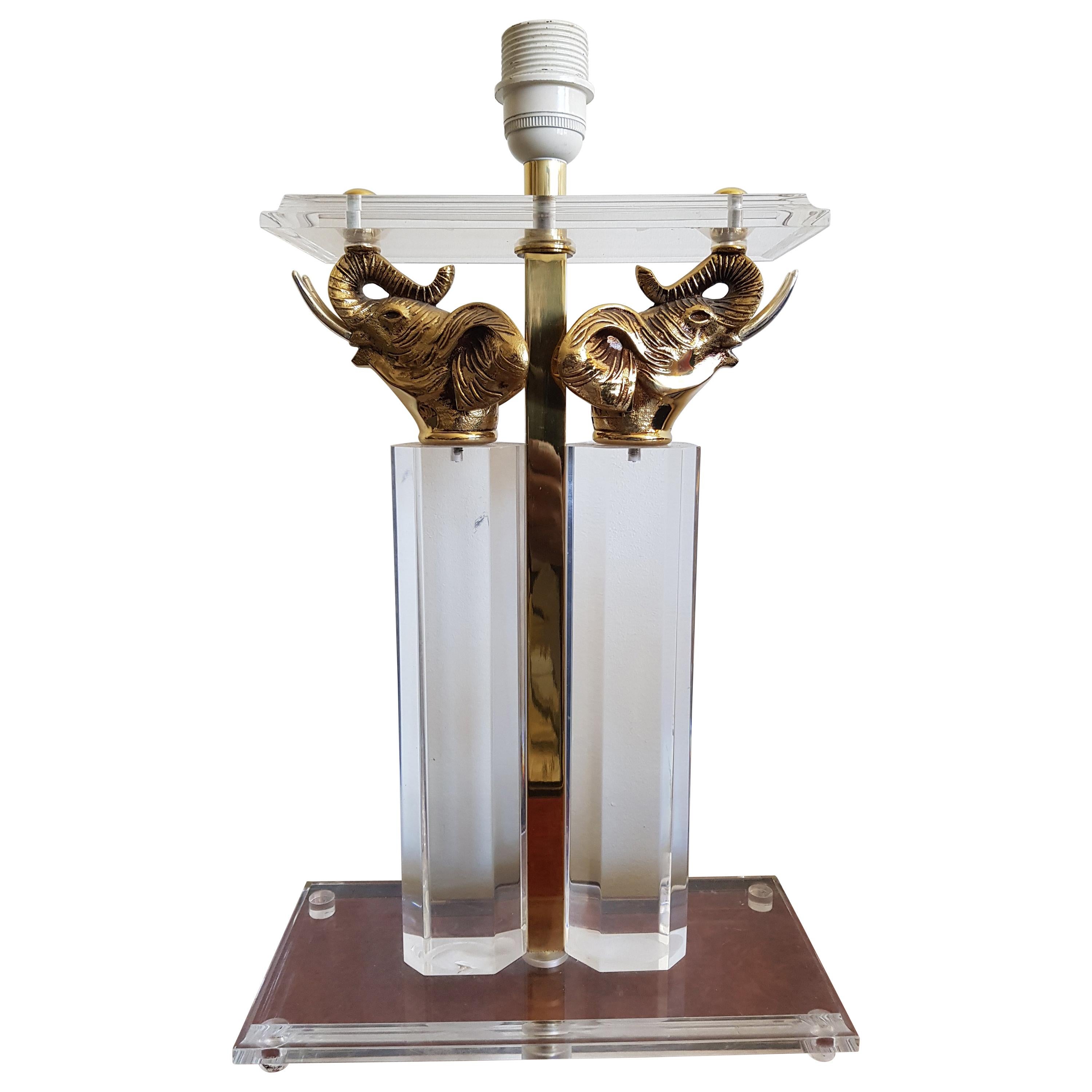 Vintage Lucite and Brass Elephant Head Table Lamp, 1970s For Sale
