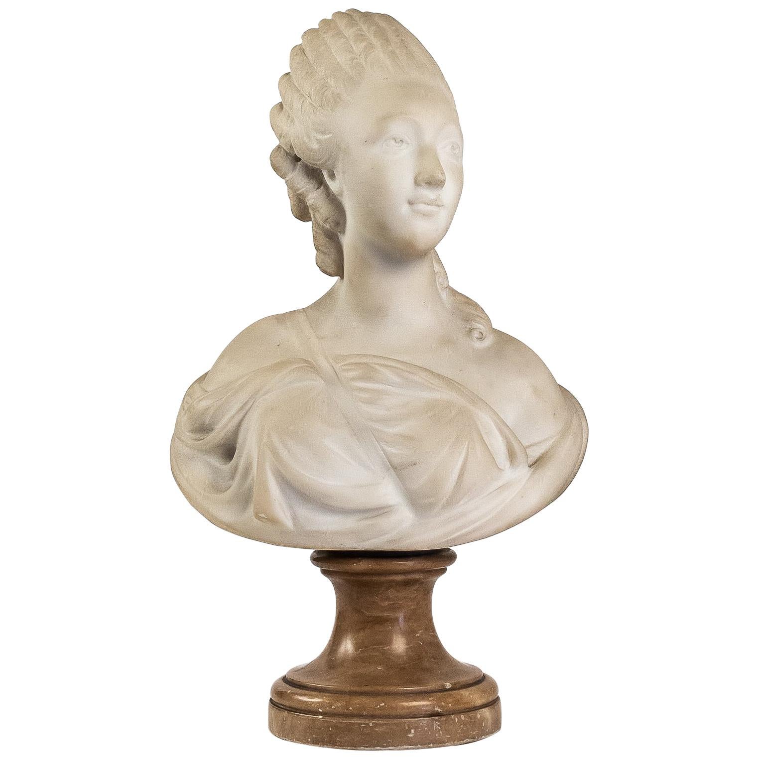 Small White Marble Bust of Countess du Barry, after Augustin Pajou