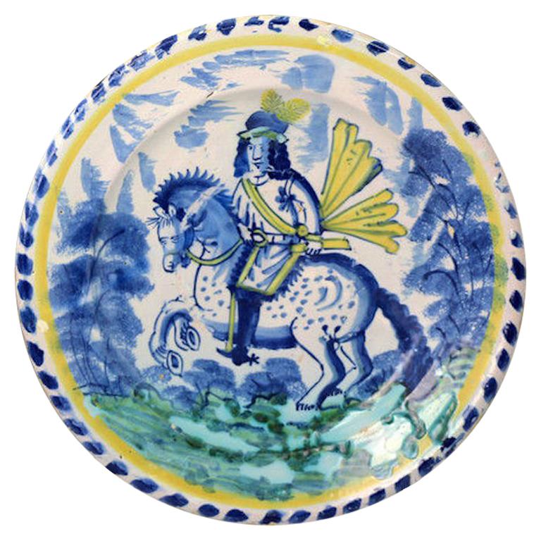 English Bristol Delftware Blue Dash Pottery Charger with an Equestrian Figure For Sale
