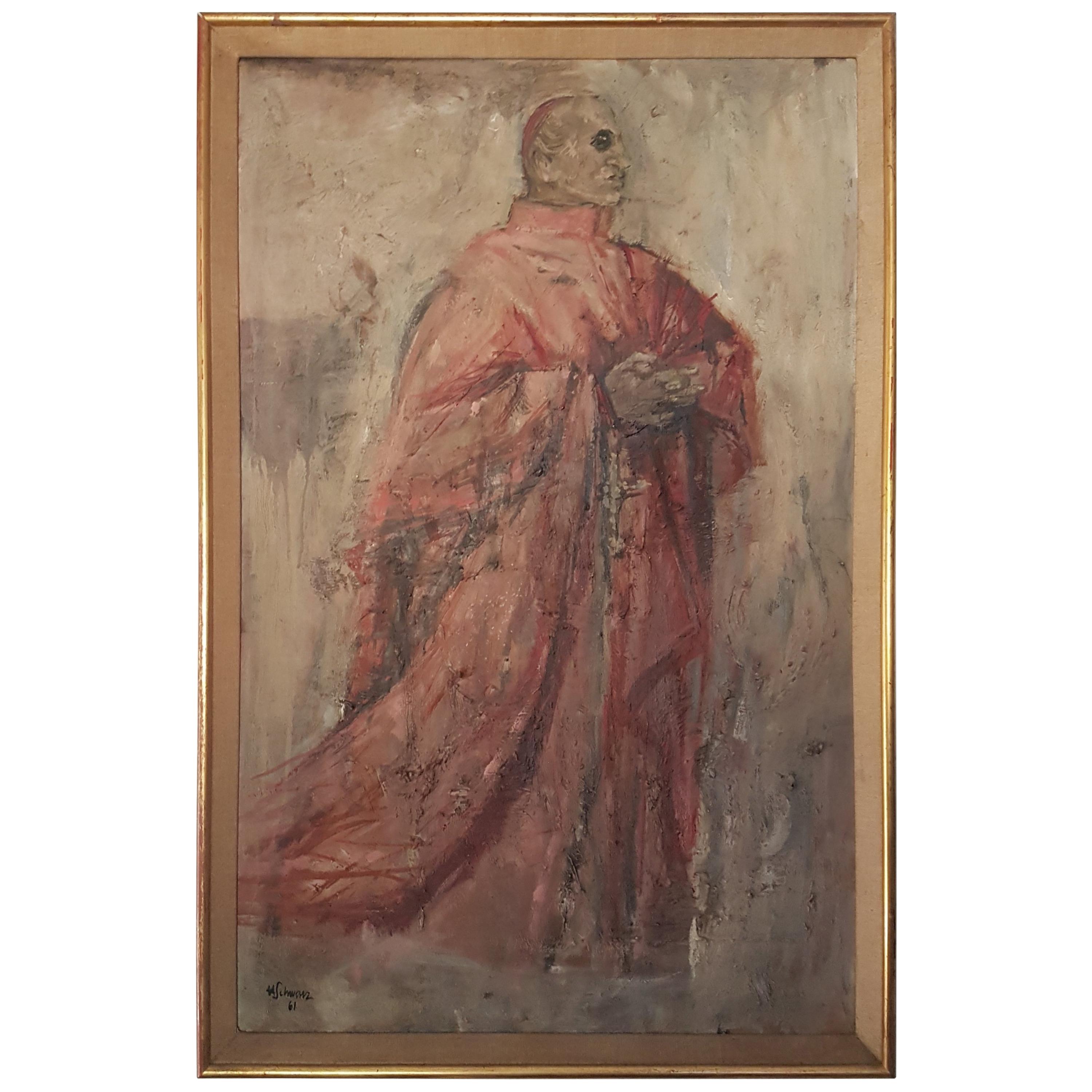 Large Red Cardinal Oil on Board Painting by Hans Schwarz, 1961 For Sale