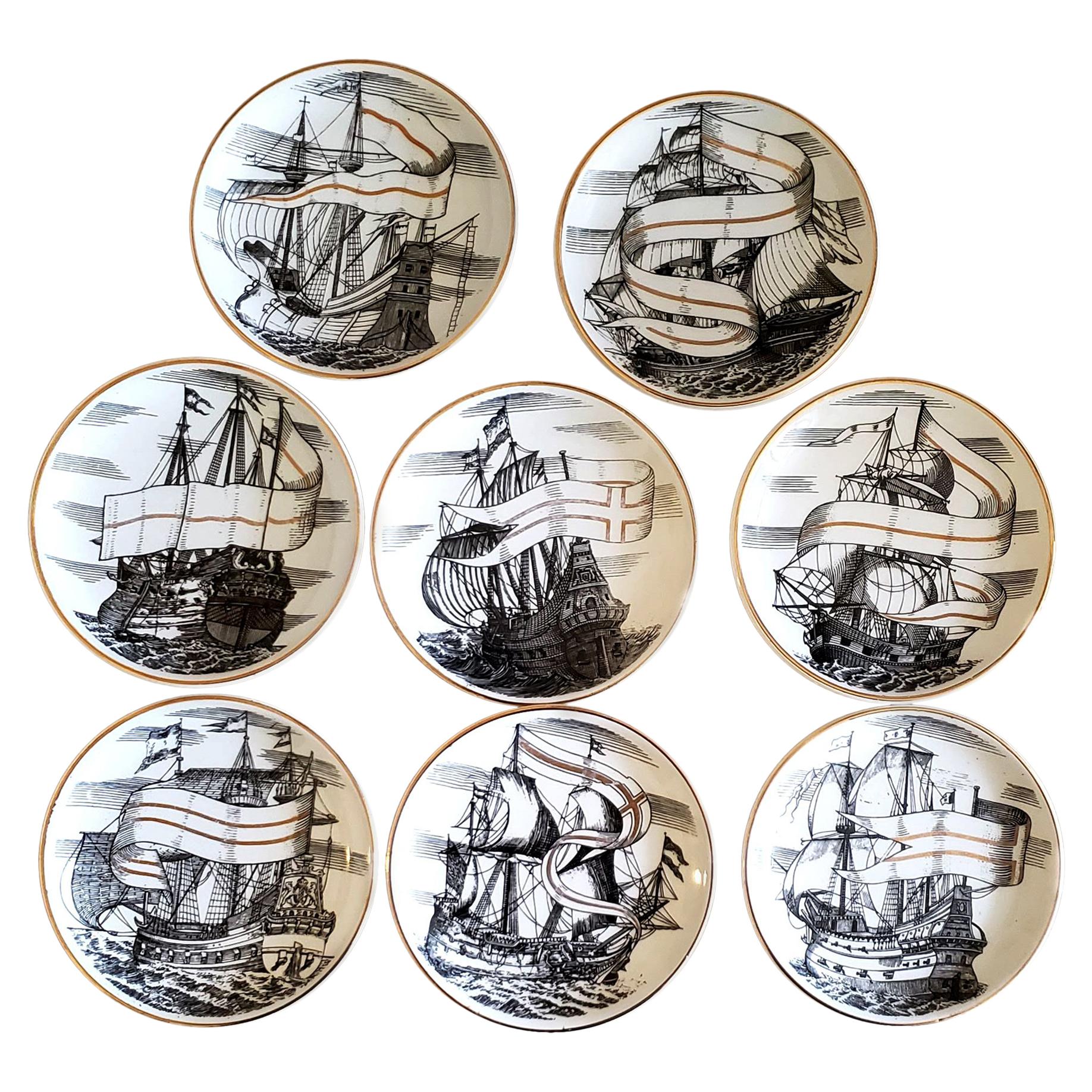 Piero Fornasetti Porcelain Set of Eight Ship Coasters, Velieri with Original Box