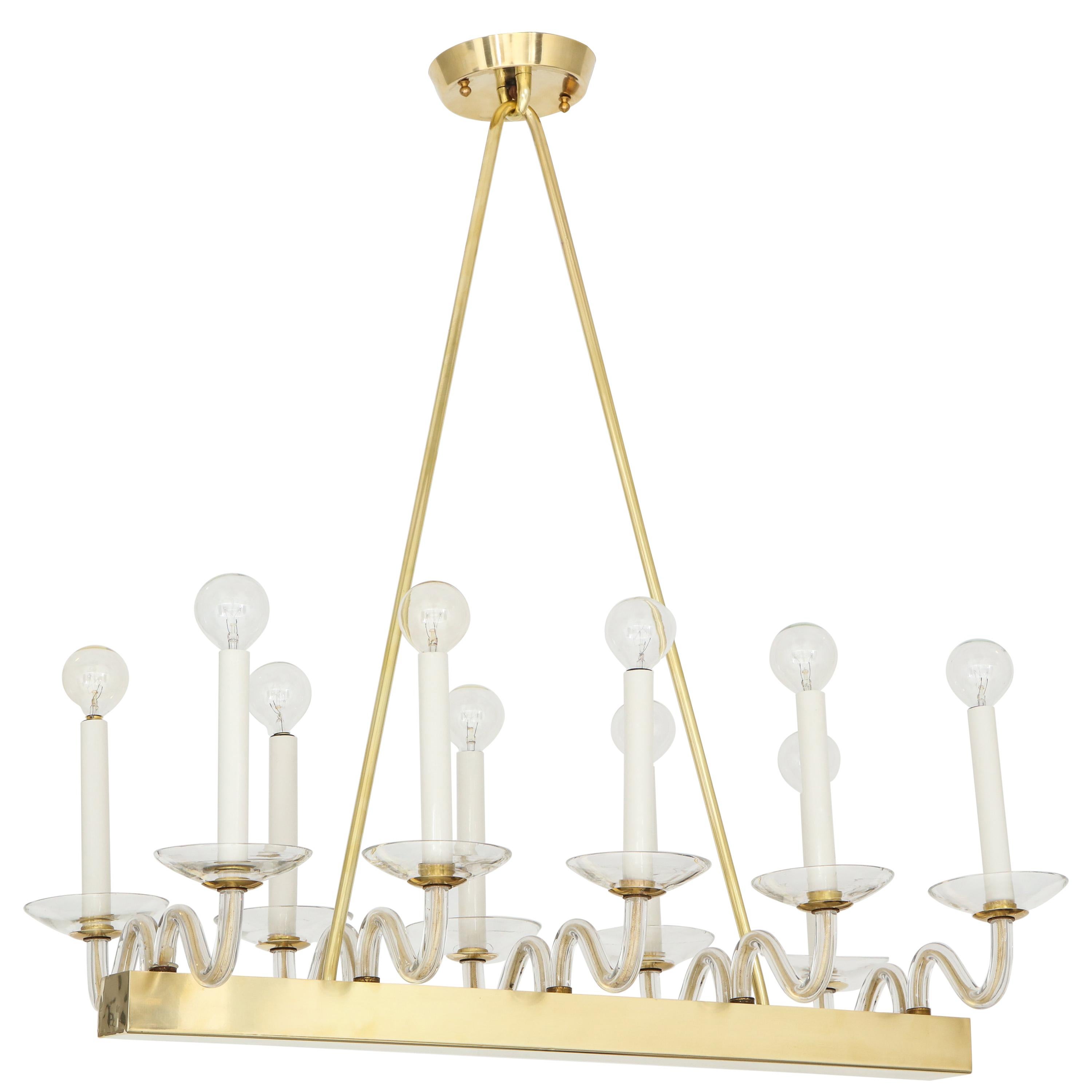 Brass and Glass Midcentury Chandelier For Sale