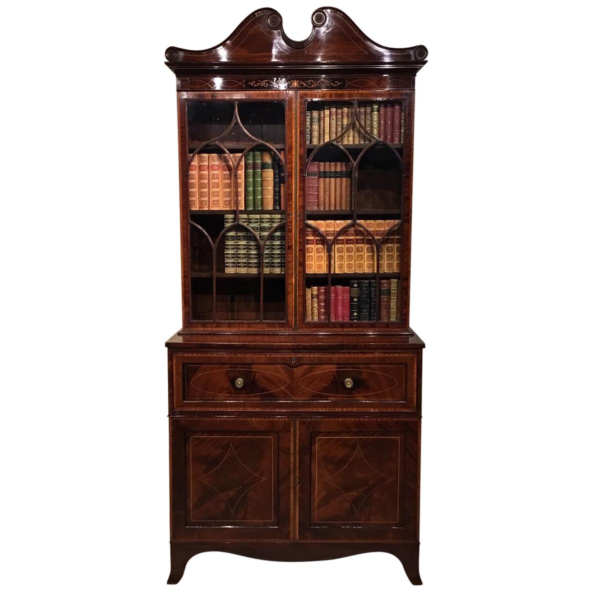 Good Mahogany Inlaid Edwardian Period Secretaire Bookcase