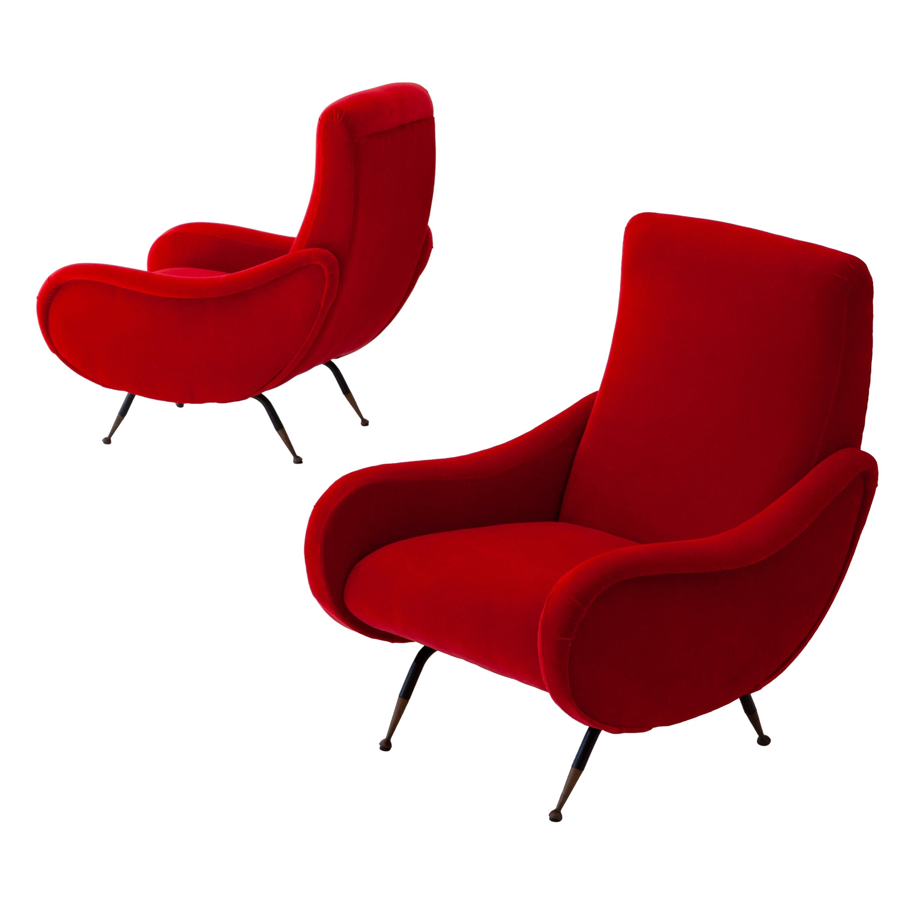 Italian Modern Red Velvet Armchairs, 1950s
