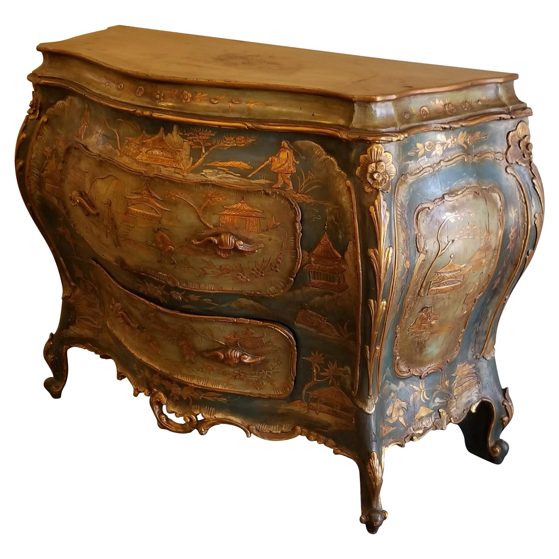 Antique Venetian Chinoiserie Bombe Commode For Sale