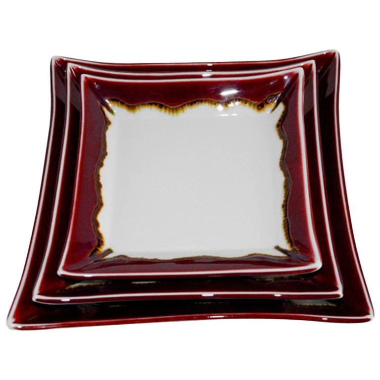 Set of Japanese Hand-Glazed Red Porcelain Square Plates by Contemporary Artist
