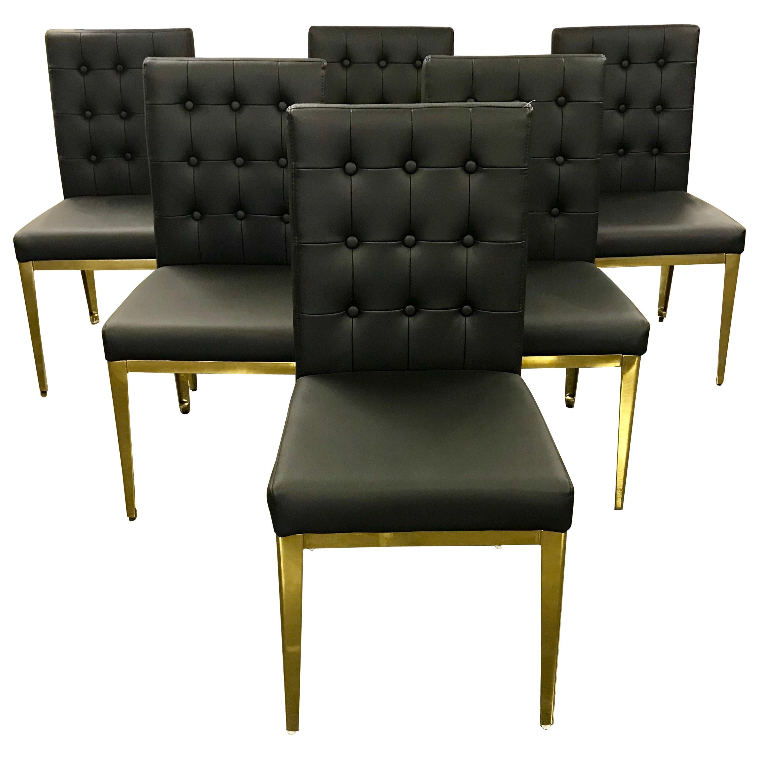 Set of Six Contemporary Brass and Black Leather Dining Chairs