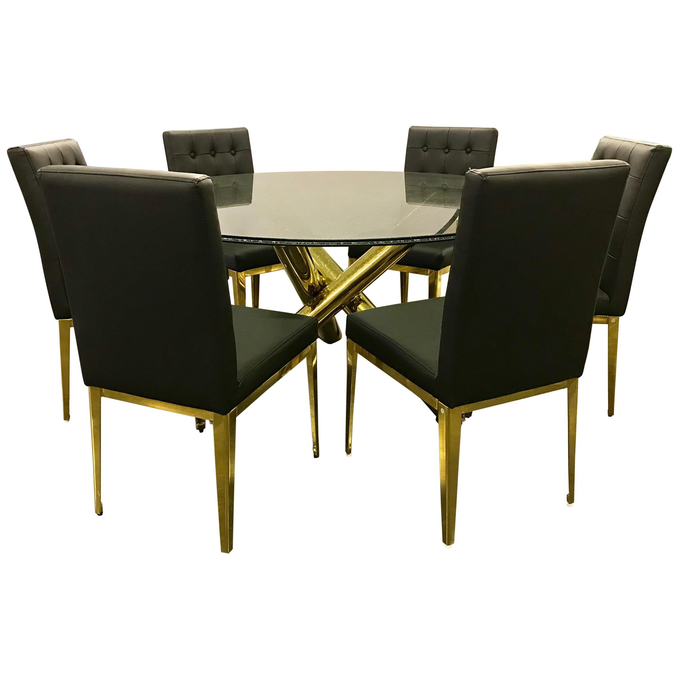 Round Glass and Brass Dining Table and 6 Black Leather Chairs