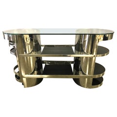 Vintage Mid Century Style Two Piece Sleek Chrome and Black Glass Floating Bar