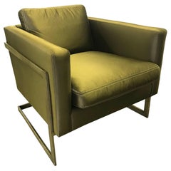 Mid-Century Milo Baughman Style Olive Silk Cantilevered Lounge Chair