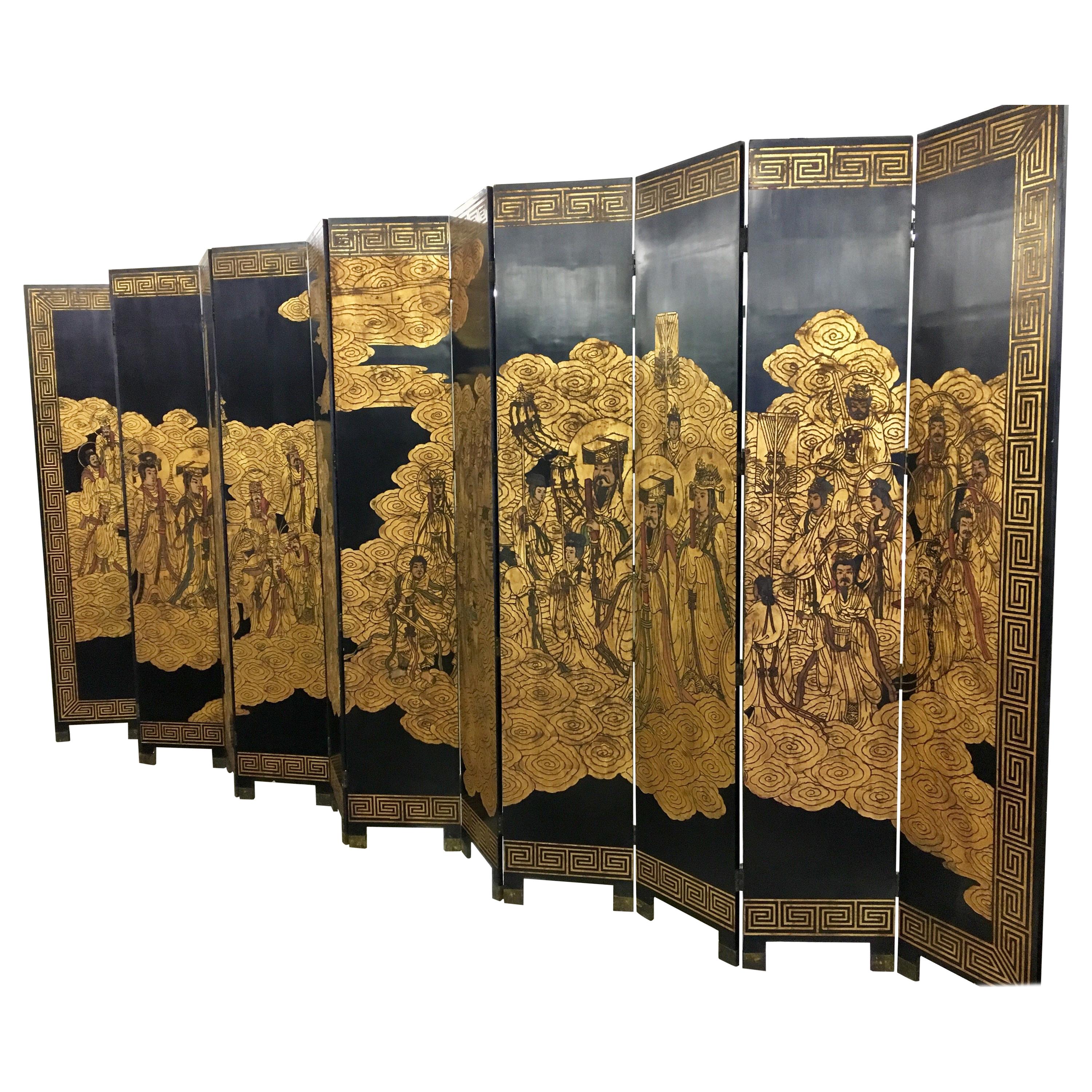 Asian Coromandel Twelve-Panel 9 Ft. Carved Screen Room Divider Extra Large