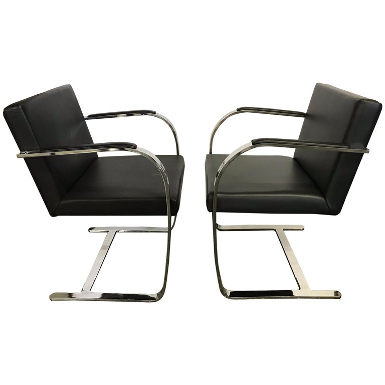 Pair Of Brno Black Leather And Chrome Cantilever Chairs Mies Van