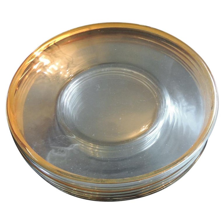 Set of 6 Glass Round Clear Dessert Plates with Gold Rim For Sale at 1stdibs