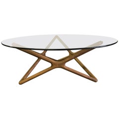 Danish Sculptural Teak and Round Glass Coffee Cocktail Table 