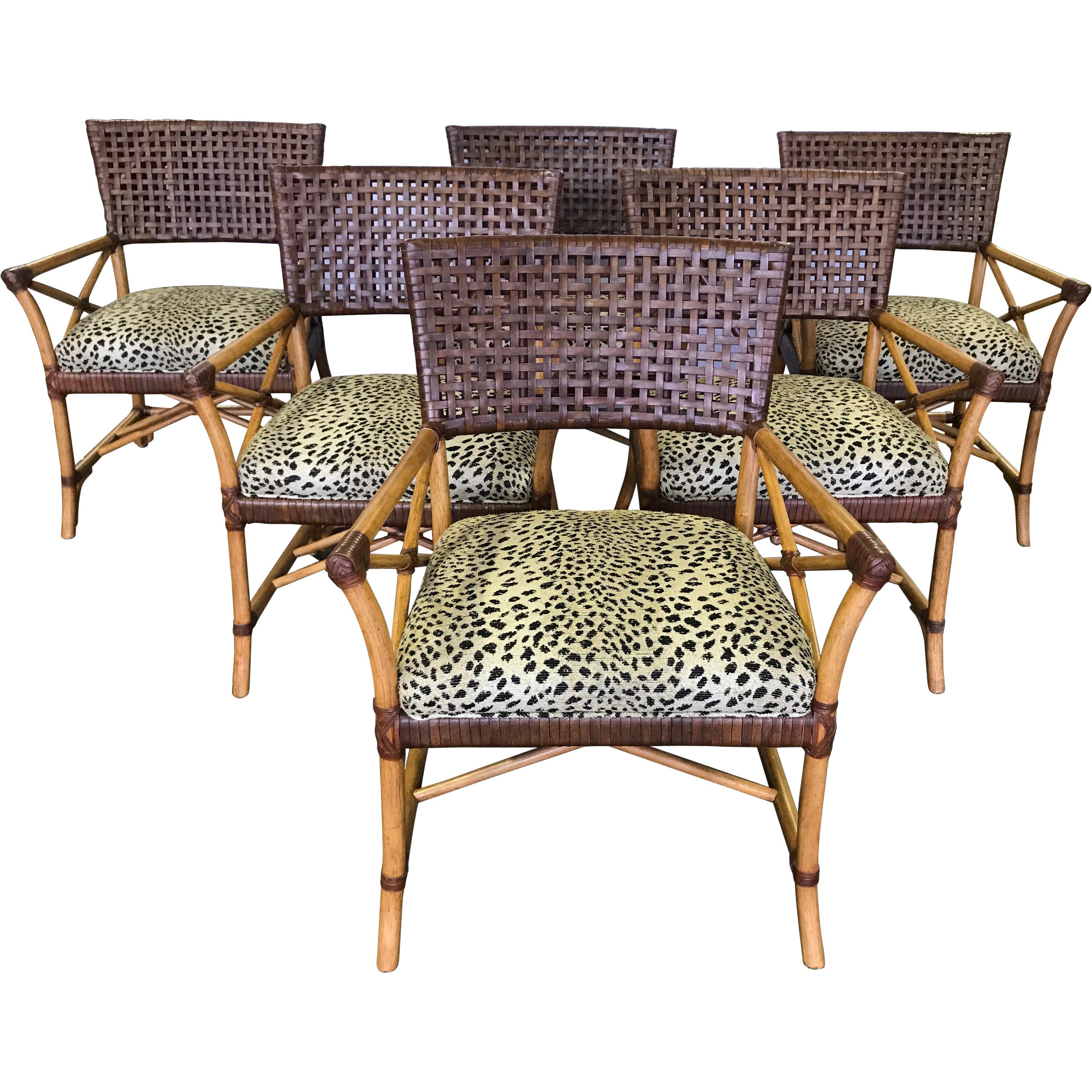 Set of Six Bamboo Rattan and Woven Leather Dining Chairs at 1stDibs