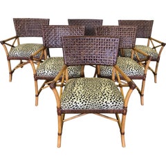 Set of Six Bamboo Rattan and Woven Leather Dining Chairs