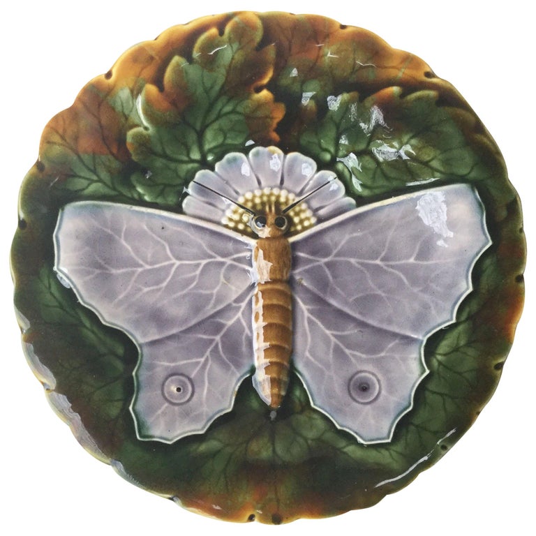 Majolica Gray Butterfly Plate Josef Steidl Znaim, circa 1890 For Sale