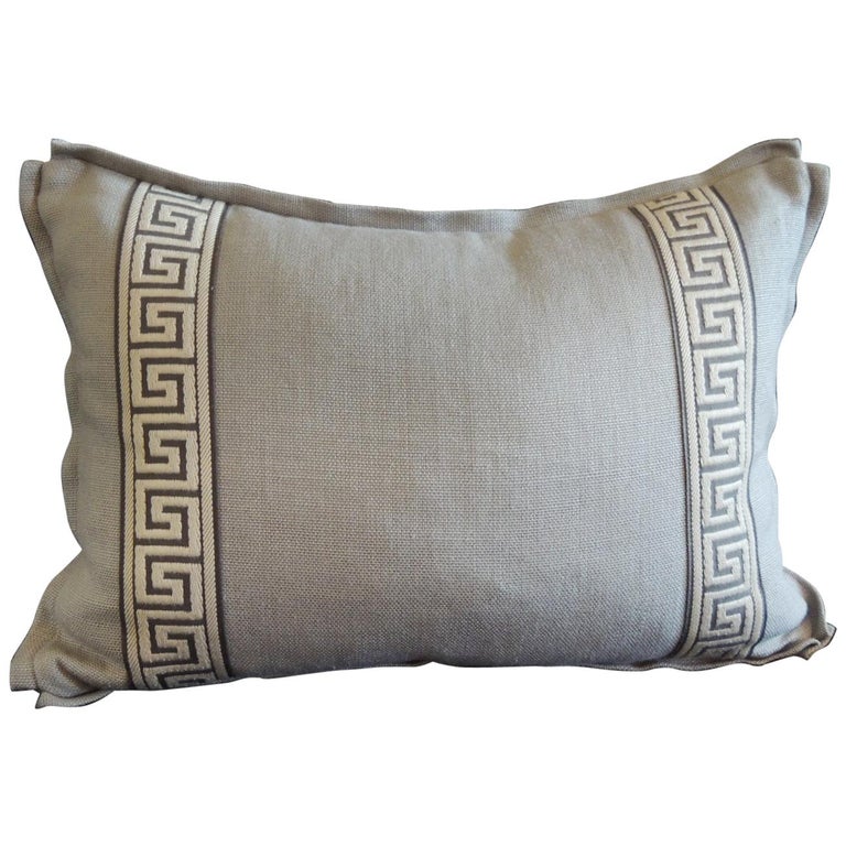 Gray and Blue with Greek Key Trim Decorative Linen Bolster Pillow at