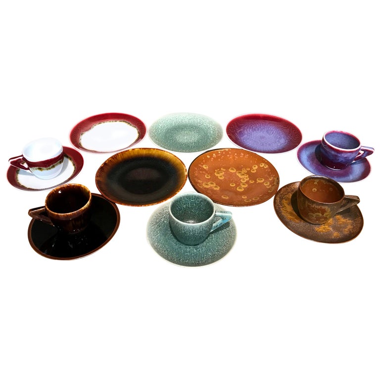 Set of Japanese Hand-Glazed Porcelain Demitasse Cup, Saucer and Plates, Artist For Sale