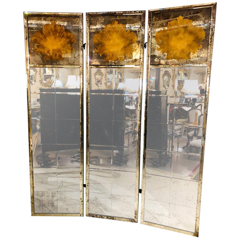 Pair of Art Deco Fashioned Three-Panel Mirrored Room Dividers or