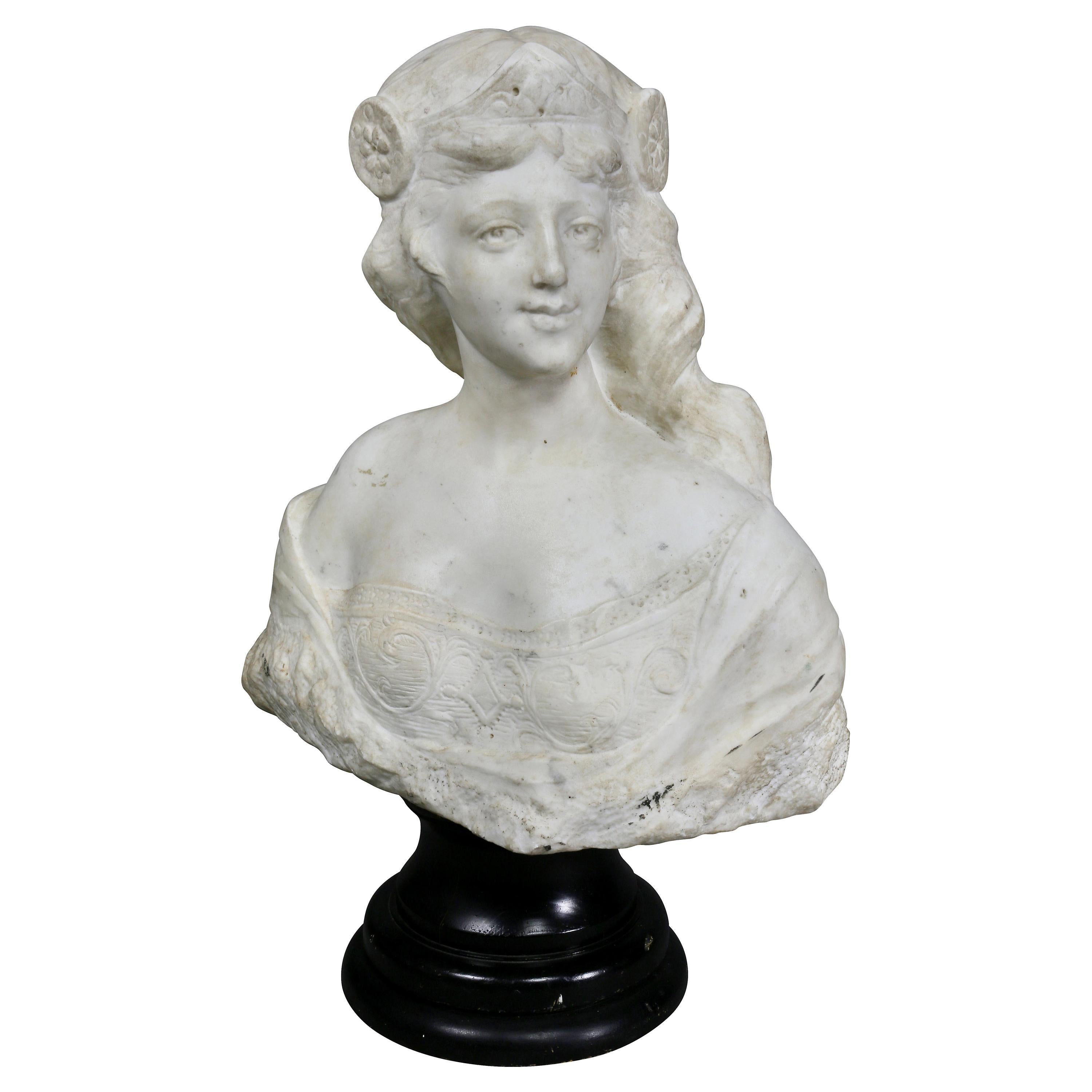 French Art Nouveau White Marble Bust of a Woman