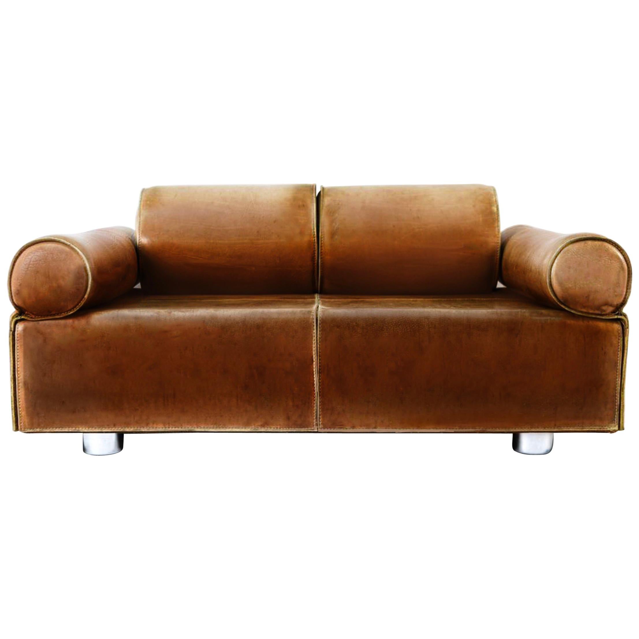 Midcentury Marzio Cecchi Italian Cognac Two-Seat Sofa Daybed Loveseat, 1960s 