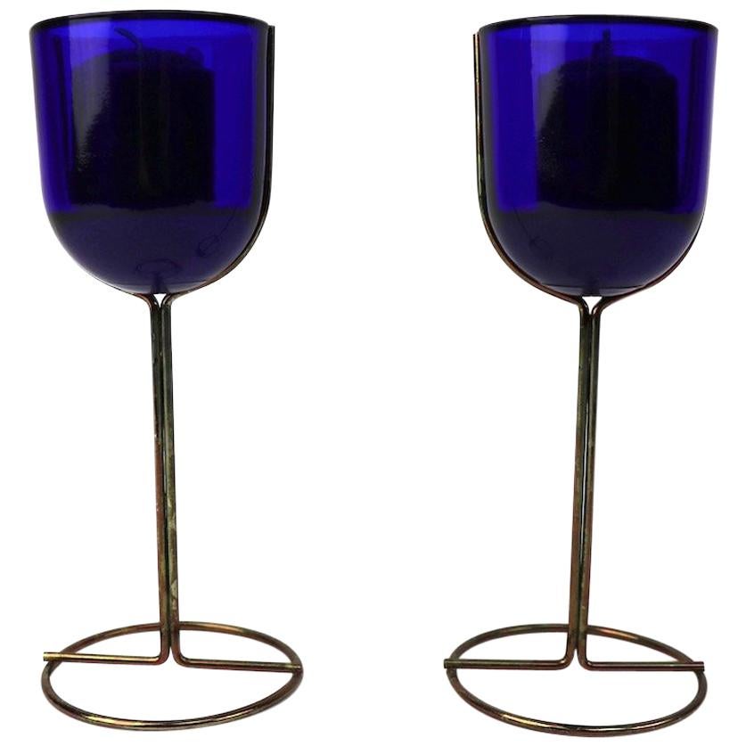 Pair of Cobalt Wine Goblet Candlesticks by Ittala