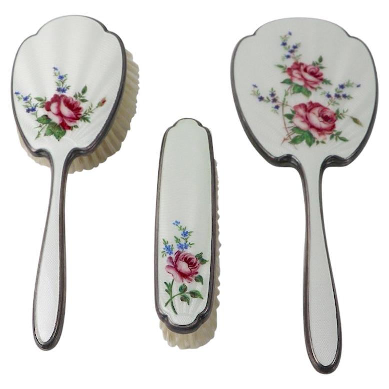 3-Piece Enamel Vanity Dresser Brush and Mirror Set Made in England For Sale