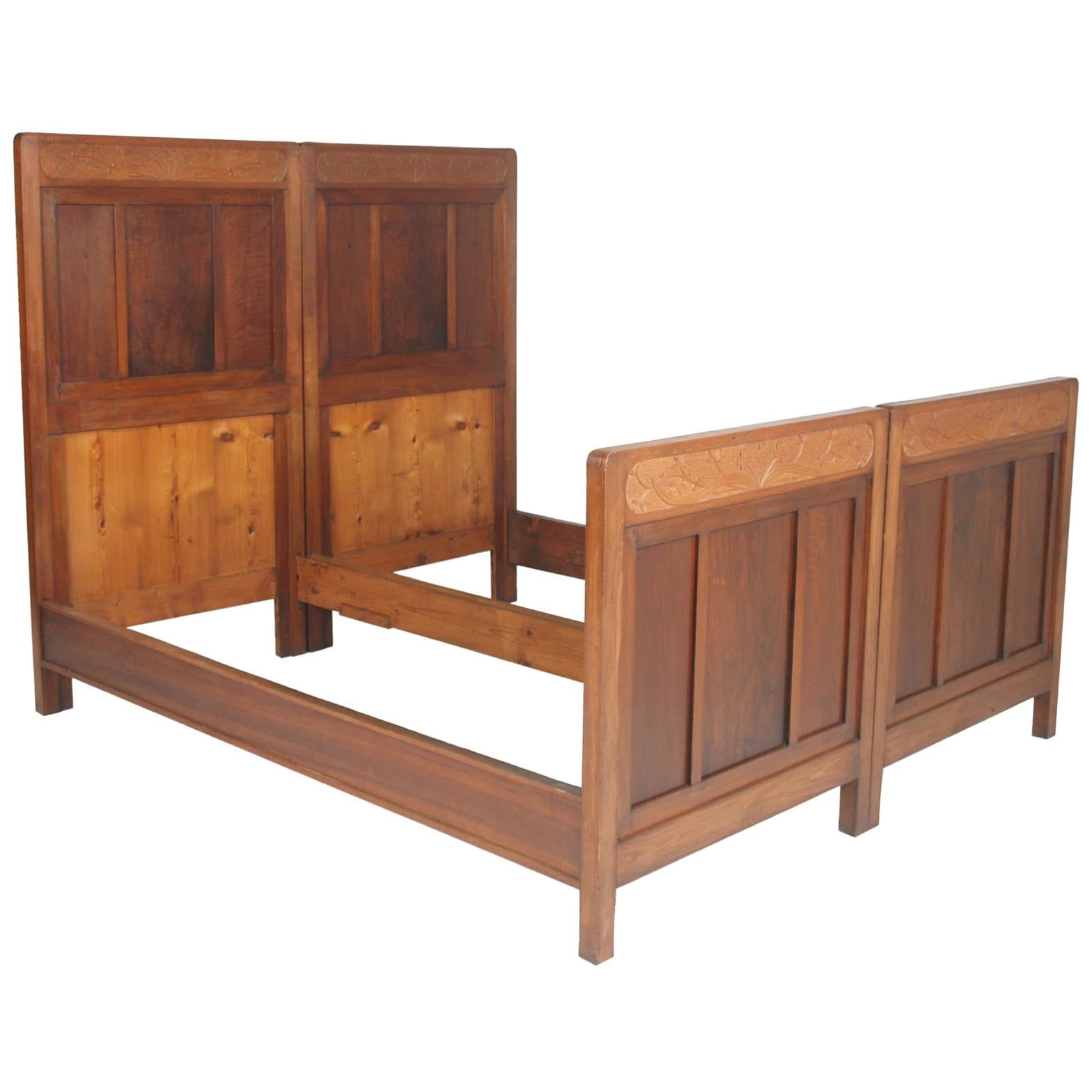 Antique Double Twin Bed, Art Nouveau, in Hand Carved Cherry Wood, Wax Polished