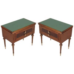 1950s Nightstands, Walnut Bicolor, Burl & Maple Inlaid Golden Brass Accessories