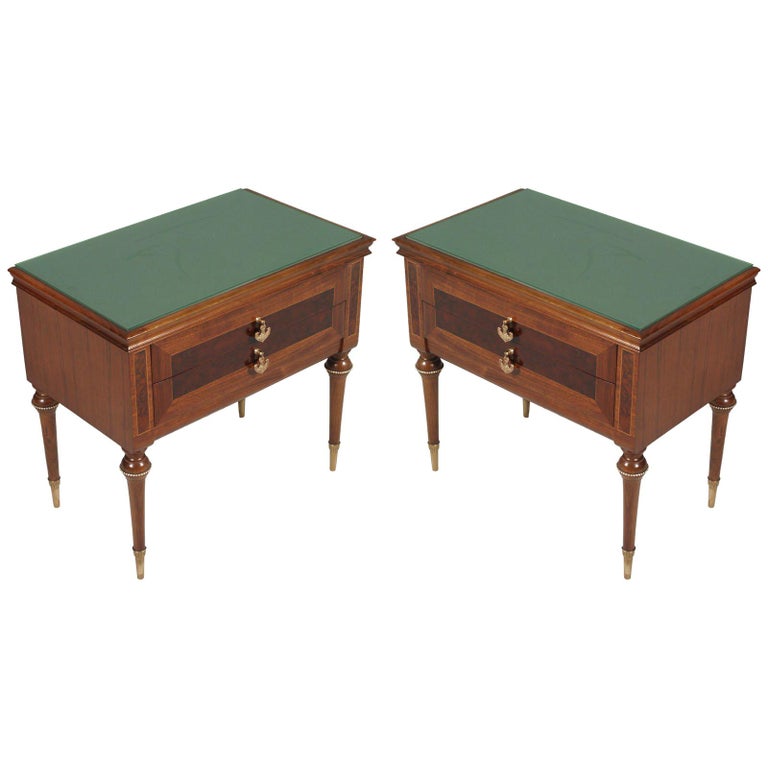 1950s Nightstands, Walnut Bicolor, Burl and Maple Inlaid Golden Brass