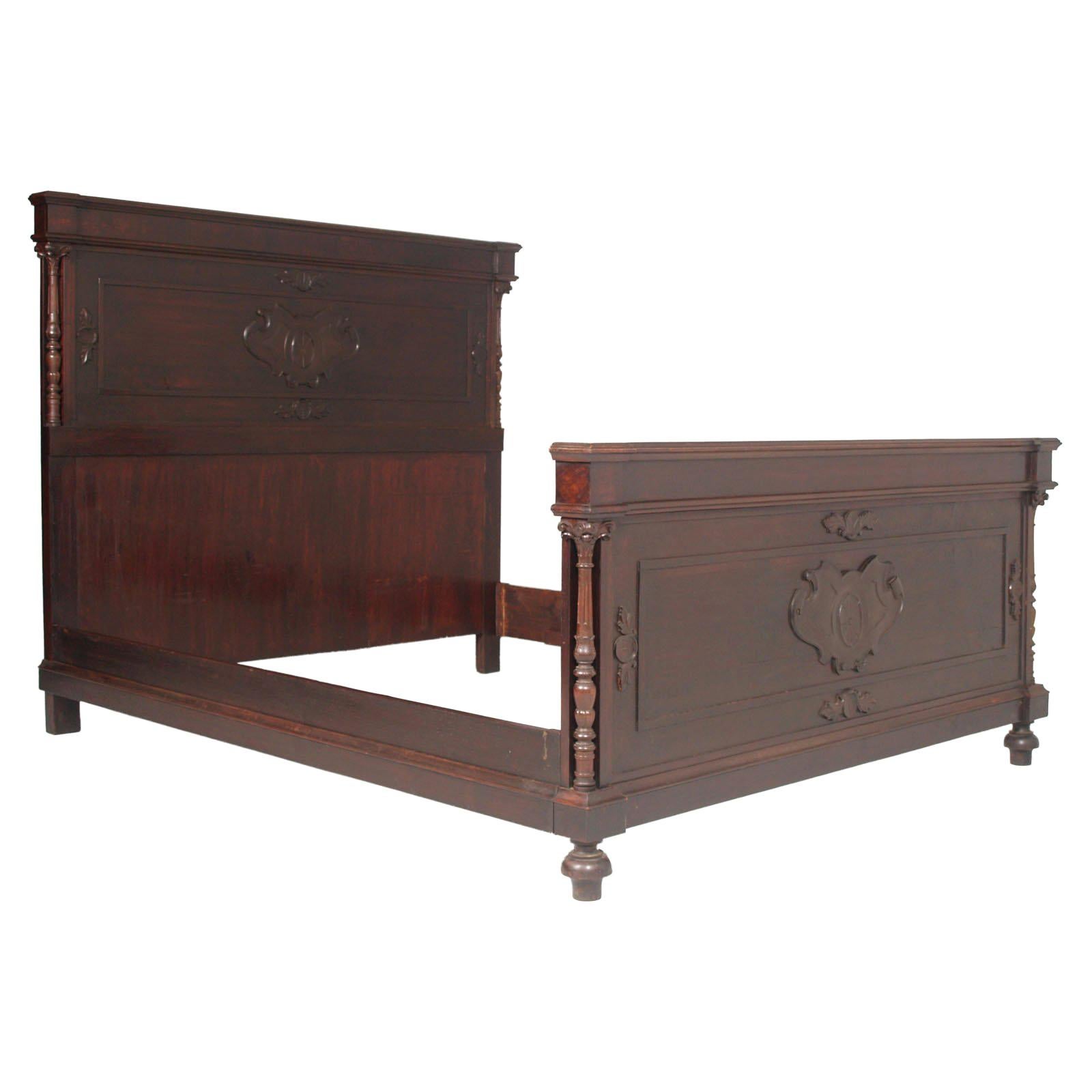 19th Century Antique Double Bed, Hand Carved Ebonized Walnut, Wax-Polished For Sale