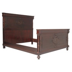 19th Century Antique Double Bed, Hand Carved Ebonized Walnut, Wax-Polished