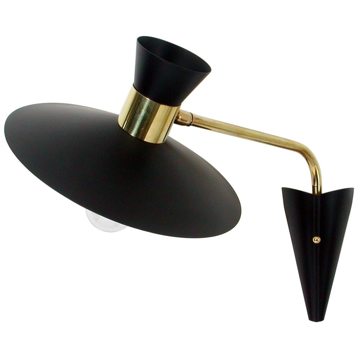 Midcentury Black and Brass Pierre Guariche Style Articulating Wall Light Sconce