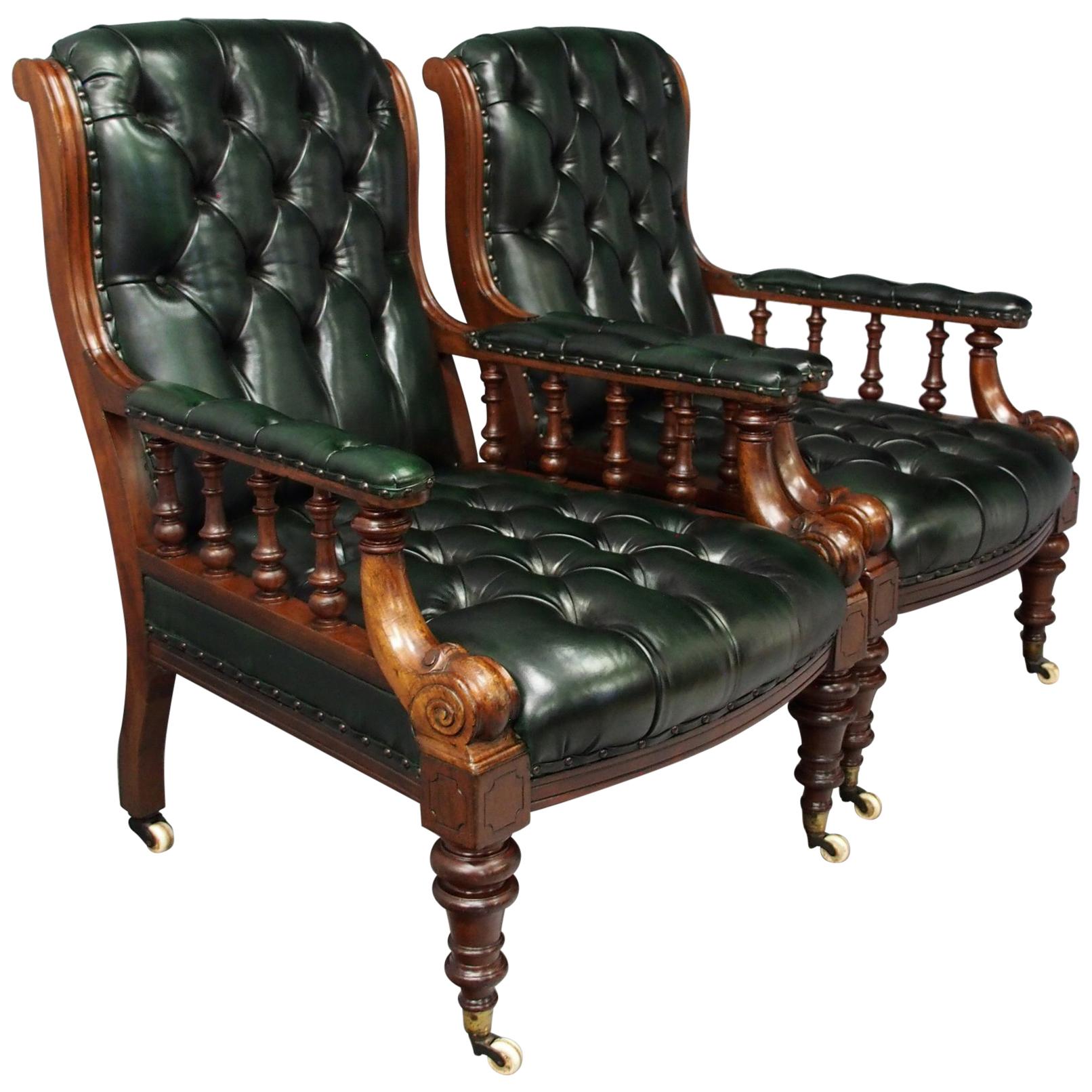 Pair of Mahogany and Leather Library Chairs For Sale