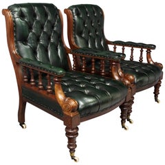 Antique Pair of Mahogany and Leather Library Chairs