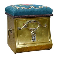 Antique Coal Bin Stool:: Victorian:: Brass:: Fireside:: Box:: Needlepoint:: circa 1880