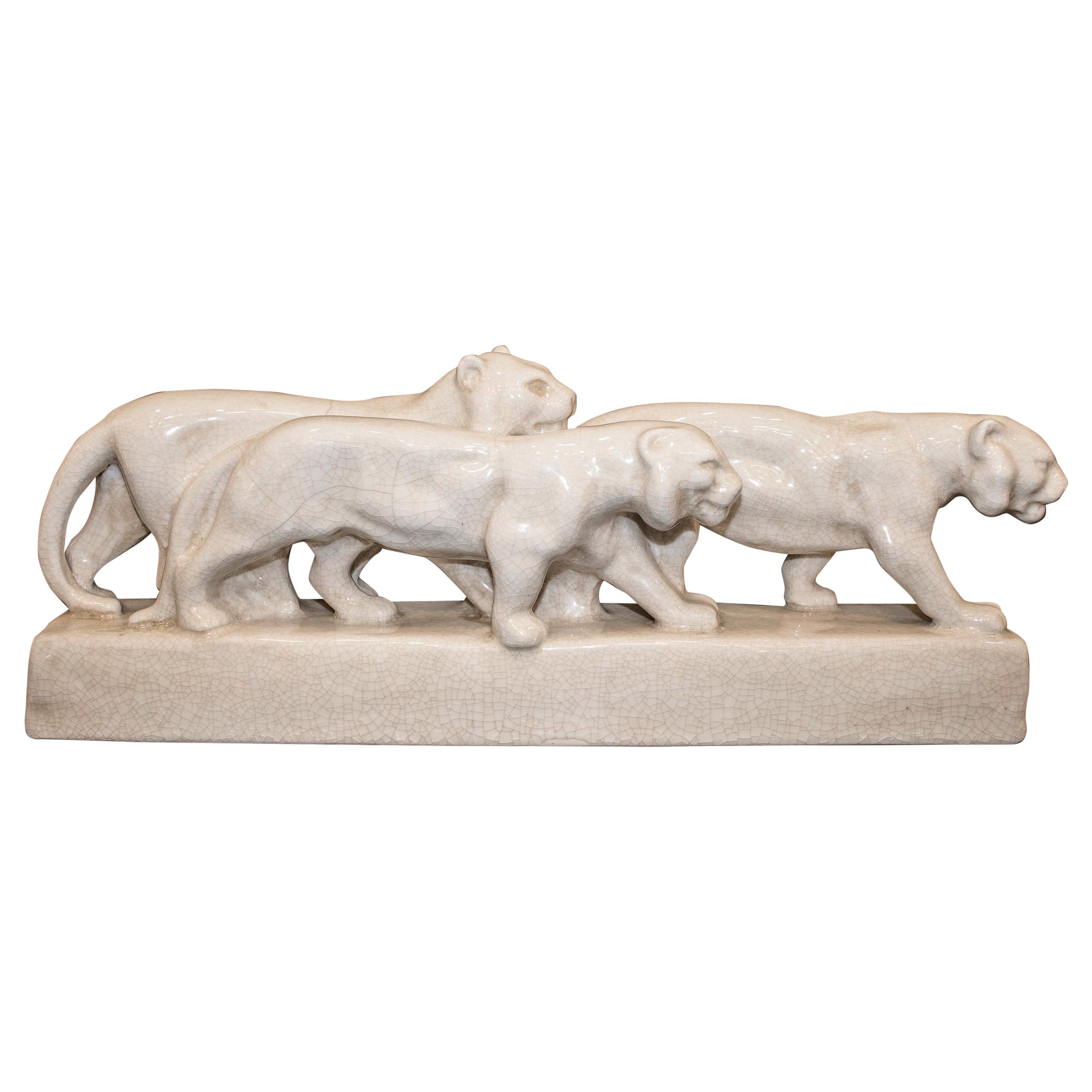 Emaux de Louviere 20th Century White Lionesses Ceramic Belgium Sculpture