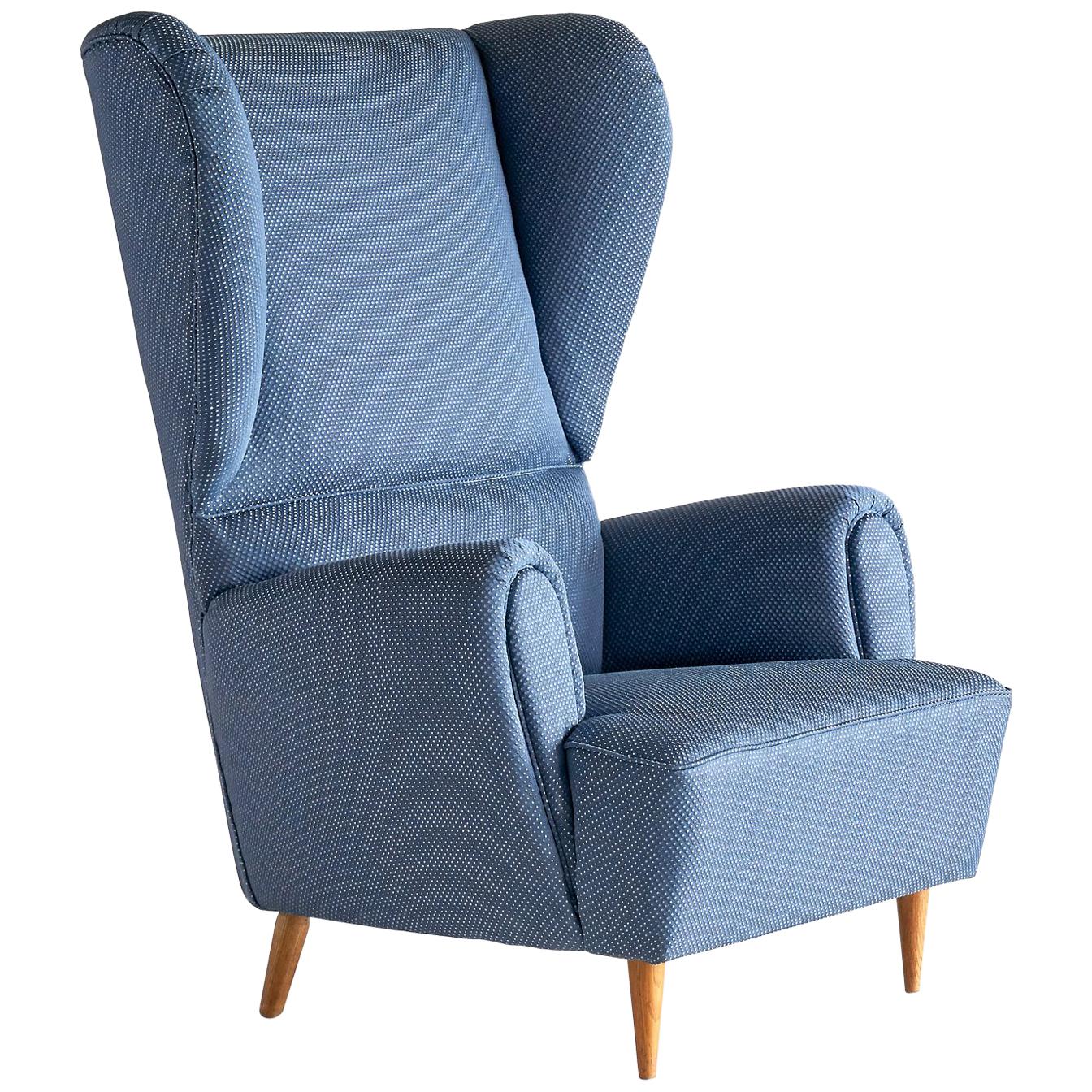 Paolo Buffa High Wingback Chair Upholstered in Blue Rubelli Fabric, Italy, 1940s