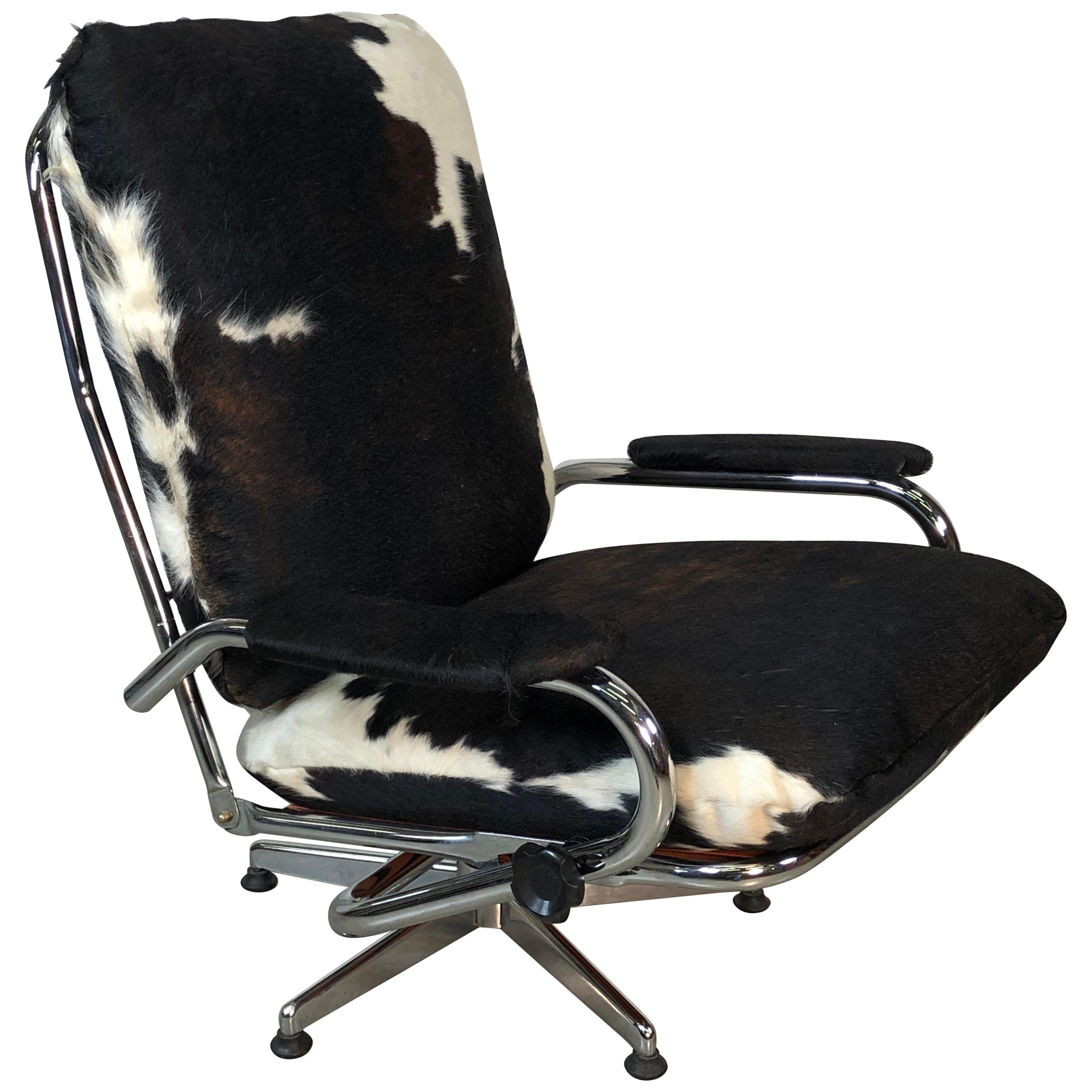 1960s Chrome and Cowhide Reclining Lounge Chair For Sale