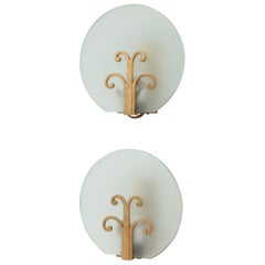 Pair of Swedish Grace Frosted Glass and Brass Sconces, circa 1930s
