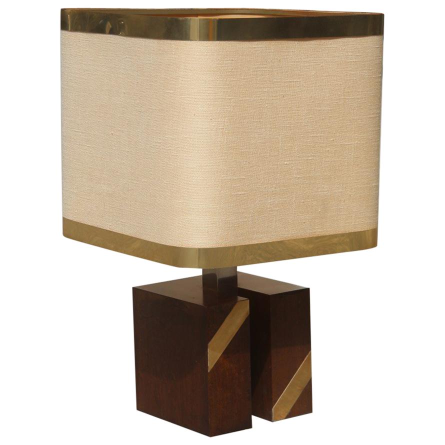 Square Brass Table Lamp in Fabric Dome and Gilt Metal, Italian Design, 1970
