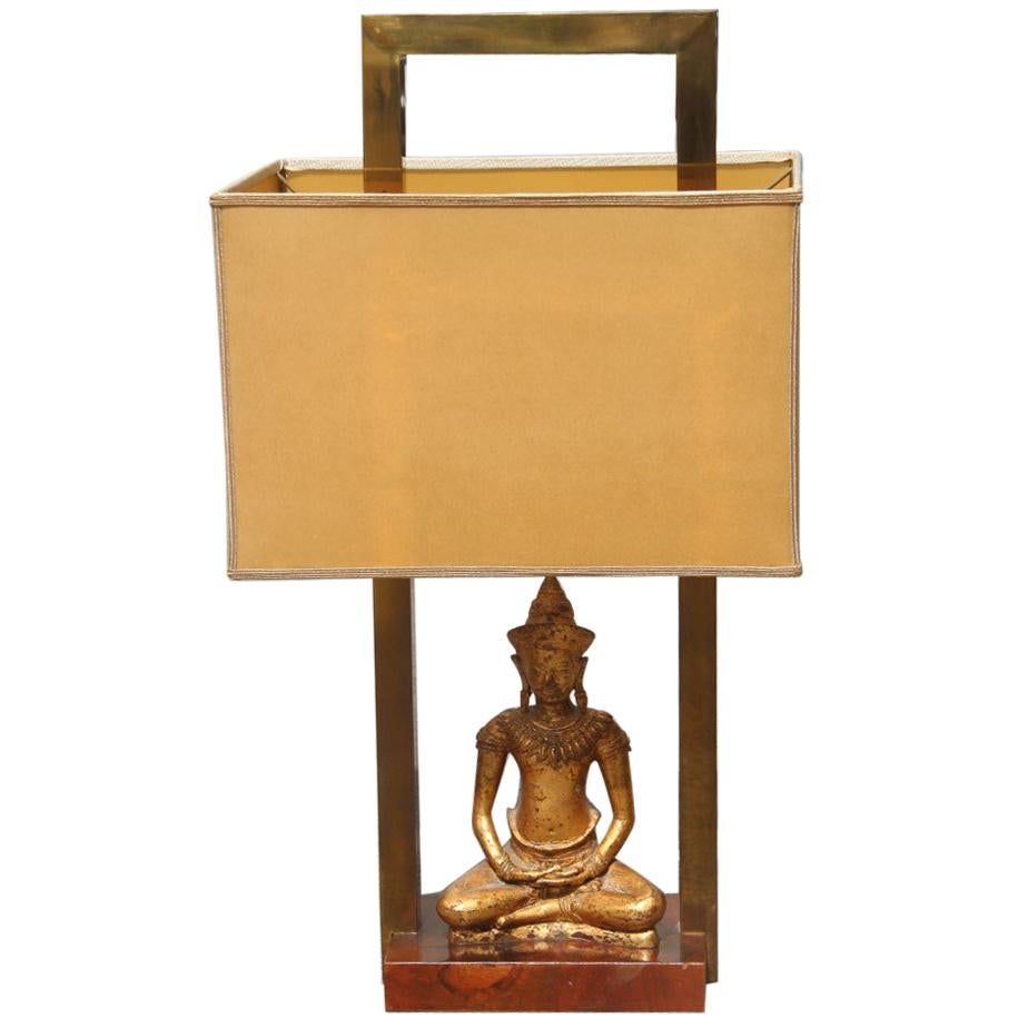 Italian Midcentury Table Lamp Buddha Brass Gold Walnut Root 1960s Rectangular For Sale