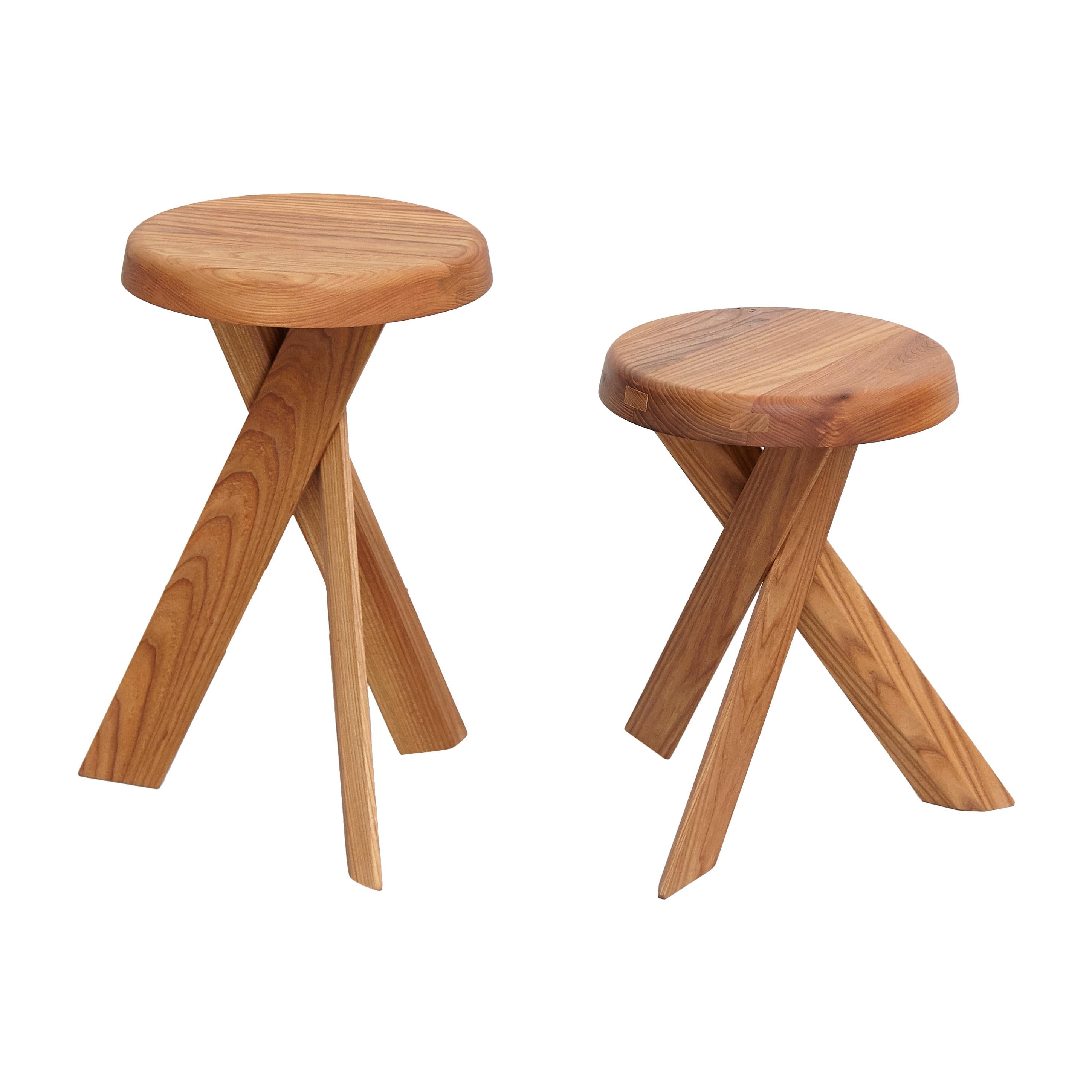 Pair of Pierre Chapo Solid Elm Wood Stools S31A & S31B 	