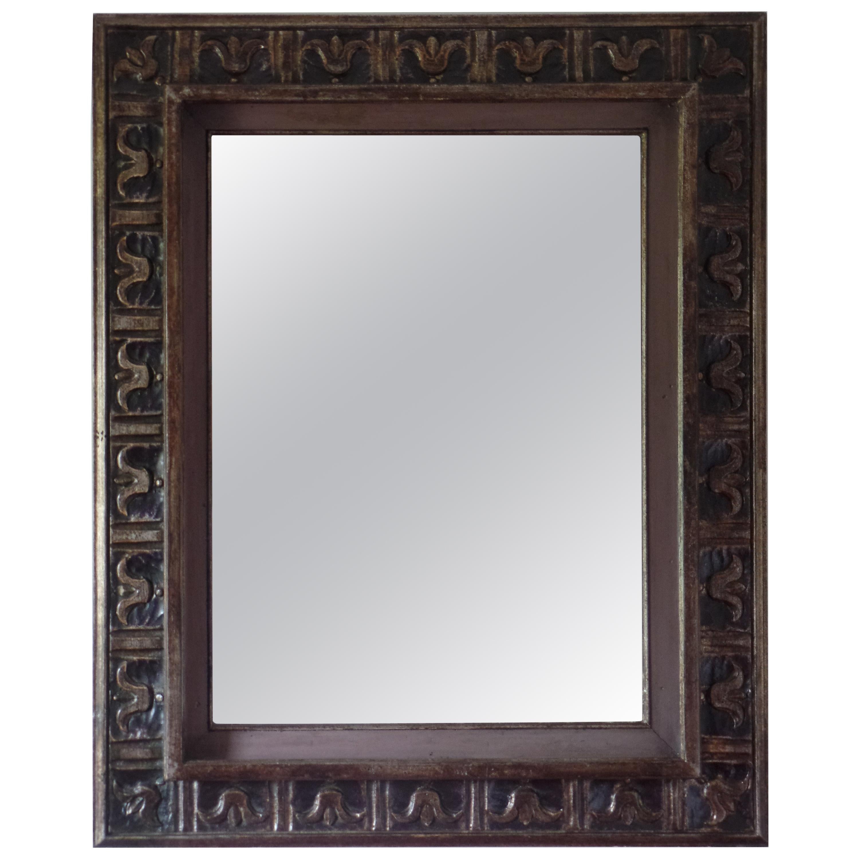 French Hand Carved Silver and Gilt Wood Mid-Century Modern Neoclassical Mirror