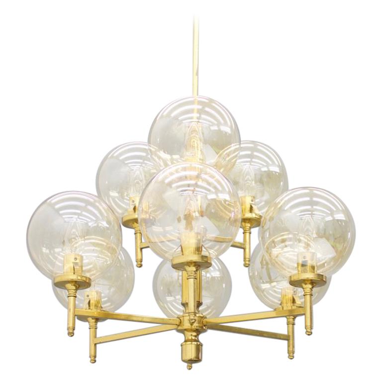 Brass Chandelier with Nine Glass Globes 1960s For Sale