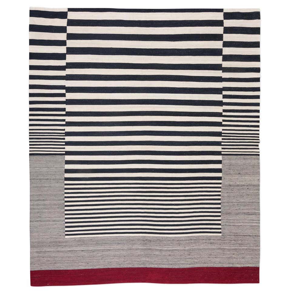 Contemporary, Handmade Flat-Weave Rug, Lines Design with Black and Red ...