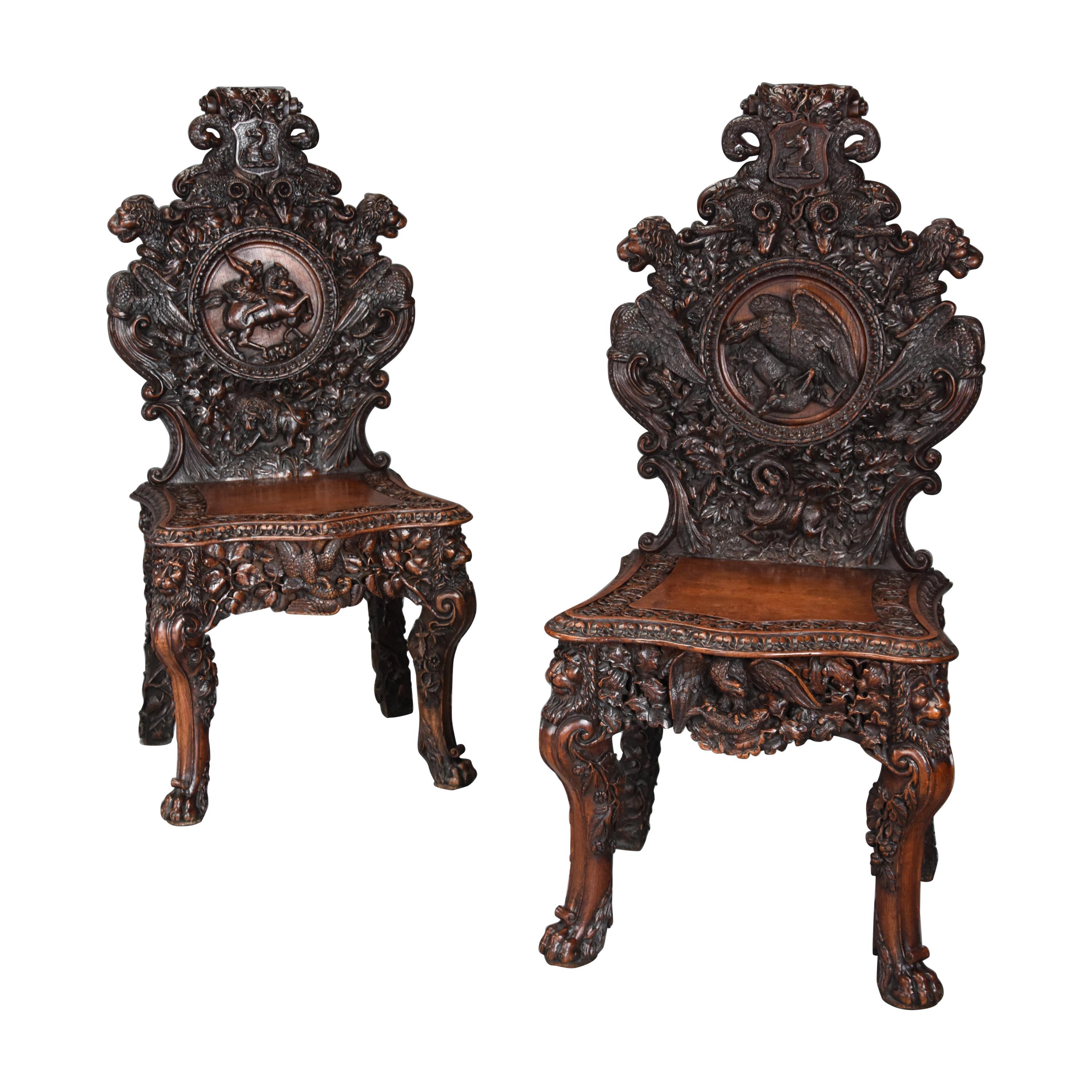 Pair of 19th Century Exhibition Quality Carved Oak Chairs of Large Proportion For Sale